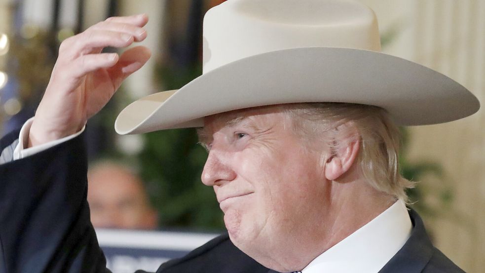 Zeigt sich auch gern mal mit Cowboyhut: US-Präsident Donald Trump. Können Gerichte seinen Dekrete-Aktionismus stoppen? Foto: picture alliance/dpa/AP/Alex Brandon