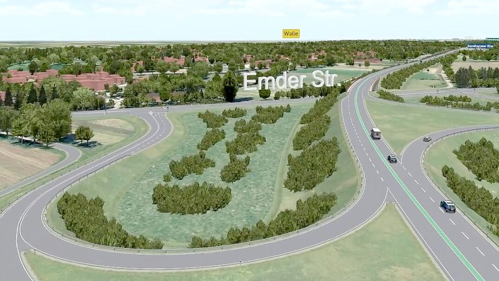 So soll der Knotenpunkt der neuen Bundesstraße zur Emder Straße (B 72/210) im Bereich Extum aussehen. Grafik: Visualisierung Landesstraßenbehörde Aurich
