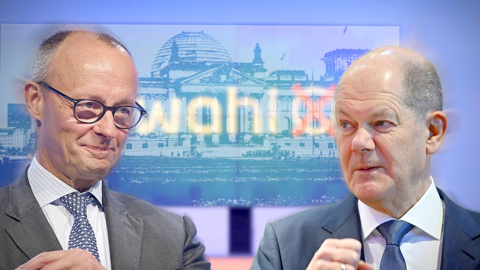 Gewinnt Ralf Stegner das Direktmandat im Kreis Pinneberg, bleibt Olaf Scholz (rechts) Kanzler. Siegt Daniel Kölbl, wird Friedrich Merz neuer Bundeskanzler. Das wäre das Ergebnis der Bundestagswahl 2025, wenn das Wahl-Orakel Kreis Pinneberg weiter Recht behält. Foto: IMAGO/Sven Simon