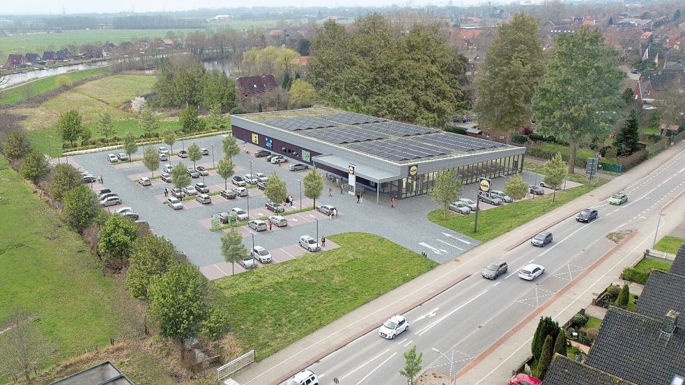 So könnte es aussehen: der neue Lidl-Markt an der Uphuser Straße in Wolthusen. Die Parkplätze sollen auch noch mit Photovoltaik überdacht werden. Fotomontage: Stadt Emden