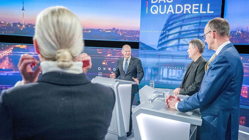 Das Quadrell auf RTL mit Alice Weidel (links), Friedrich Merz, Robert Habeck und Olaf Scholz hatte mehr als acht Millionen Zuschauer. Foto: Kay Nietfeld