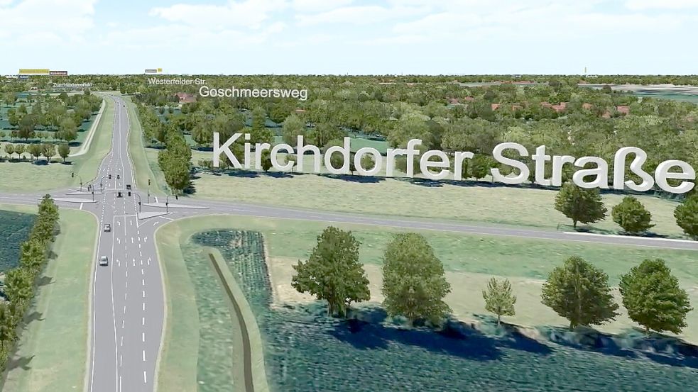 In diesem Bereich, wo sich Umgehung und Kirchdorfer Straße kreuzen sollen, liegen die Felder von Landwirt Udo Haßbargen. Grafik: Landesstraßenbehörde Aurich
