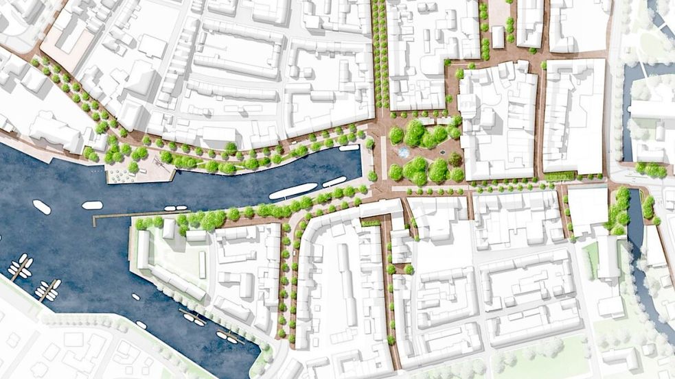 Rund um den Emder Delft sollen die Promenade und die Straßen umgestaltet werden, damit mehr Menschen sich dort aufhalten. Grafik: Stadt Emden