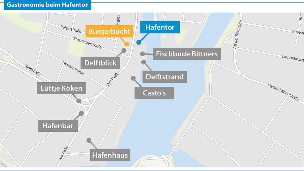 Beim Hafentor in Emden sind einige gastronomische Betriebe entstanden. Grafik: Kirsten Schüür