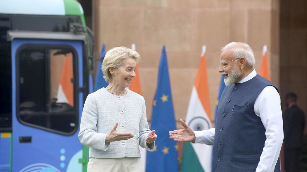EU-Kommissionspräsidentin Ursula von der Leyen, zusammen mit dem indischen Premierminister Narendra Modi. Foto: IMAGO/Pacific Press Agency