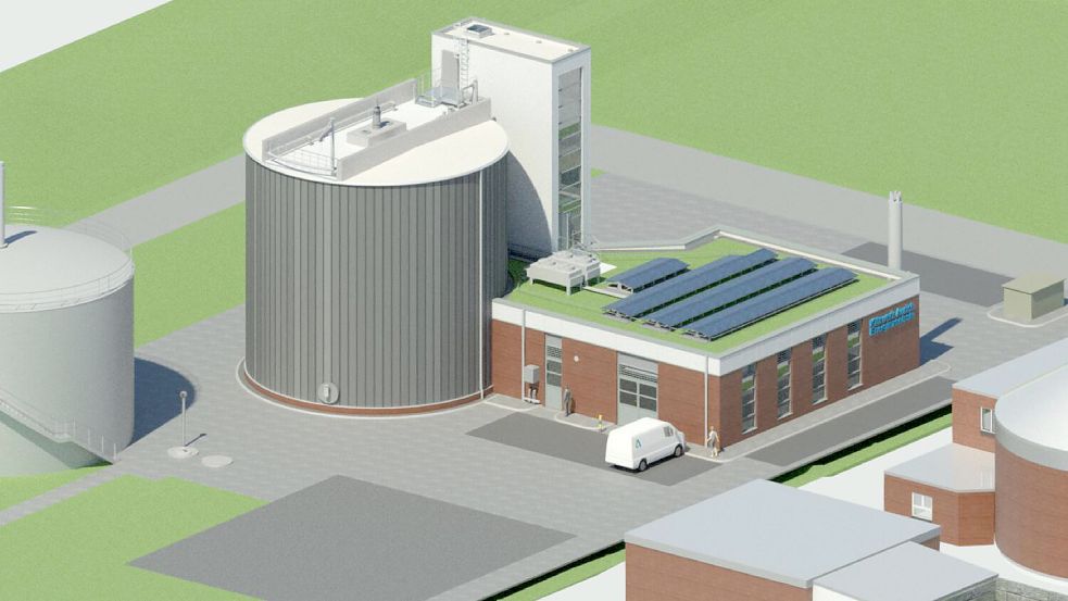 Auf der Bauzeichnung ist zu sehen, wie das neue Gebäudeensemble auf dem Klärwerksgelände aussehen soll. Illustration: Born/Ermel/Stadt Aurich