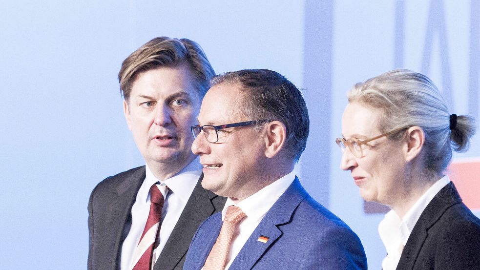 Welchem Gesellschaftsbild folgen Spitzenleute der AfD? Maximilian Krah(l-r), Tino Chrupalla und Alice Weidel favorisieren deutlich autoritäre Muster. Foto: dpa/Carsten Coall