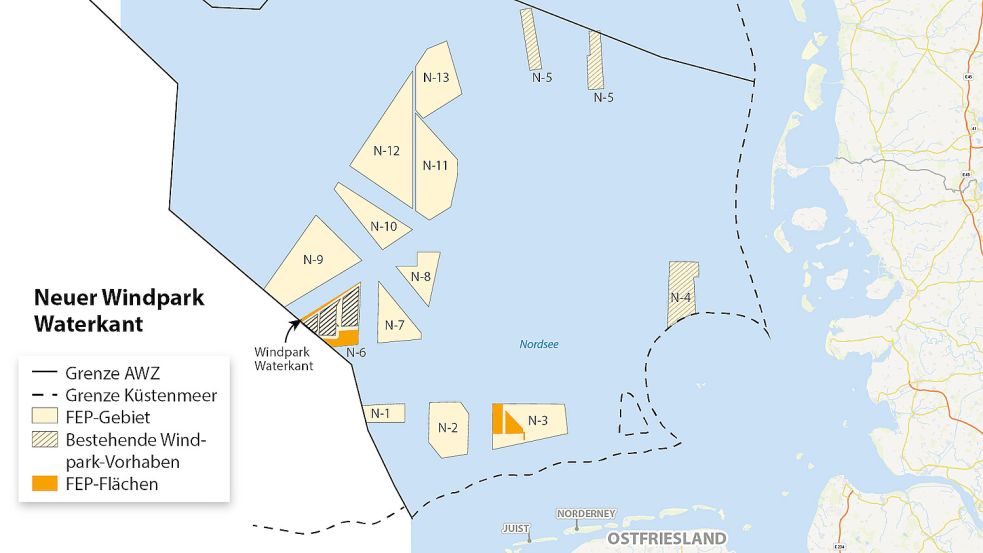 Die Fläche des Windparks Waterkant ist ein schmaler Streifen gut 90 Kilometer nördlich der Inseln Borkum und Juist in der AWZ. Grafik: OZ