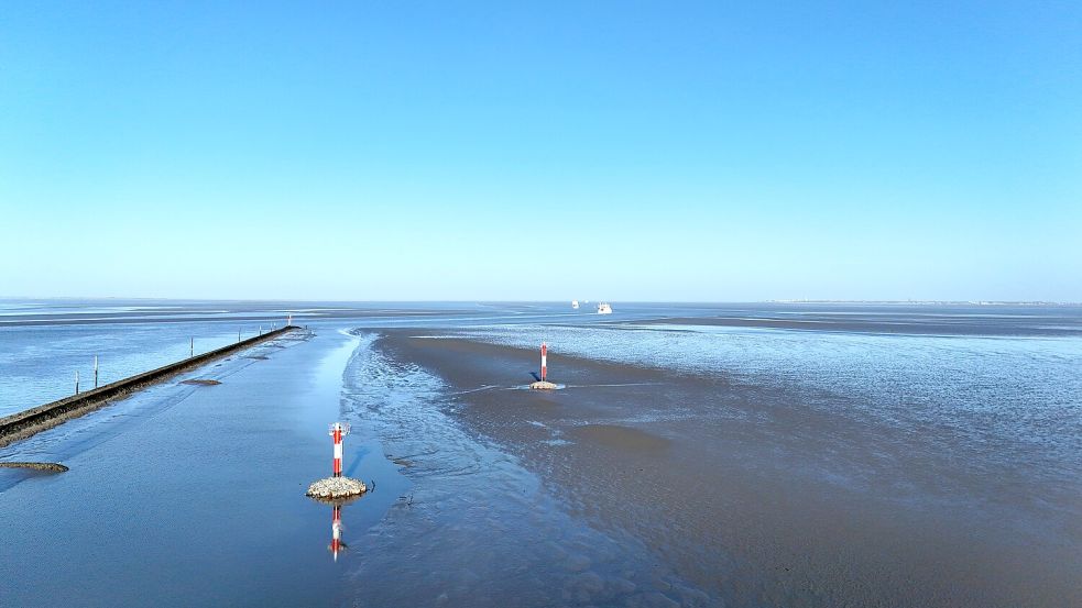 Die Richtfeuerlinie in der Hafenzufahrt Norddeich: Die neuen Türme strahlen nun mit LED-Technik. Foto: Remmers/NPorts