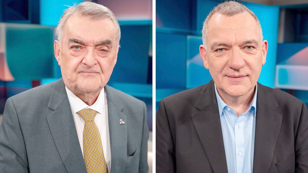 NRW-Innenminister Herbert Reul (l.) und Linke-Chef Jan van Aken bei „Hart aber fair“: Beim Thema Migration treten starke Diskrepanzen zutage. Foto: IMAGO/Alexander Franz (2)