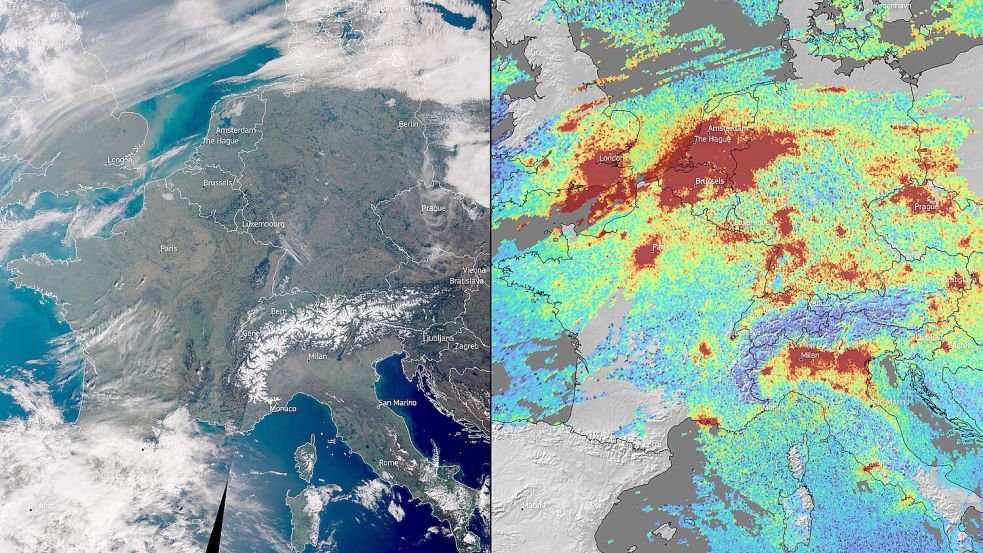 Satellitenbilder zeigen, wie schlecht die Luftqualität ist. Foto: European Union, rechts: Copernicus Sentinel-5P Satellit vom 3. März 2025, auf dem die Stickstoffdioxid-Werte (NO₂) angezeigt werden. Höhere Werte sind in Rot gekennzeichnet. Links: Copernicus Sentinel-3 zeigt am gleichen Tag meist klaren Himmel, ein häufiges Phänomen in Hochdruckgebieten.