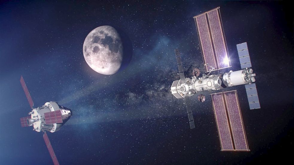 Die „Gateway“-Station soll um den Mond kreisen. (Handout) Foto: Alberto Bertolin/Nasa/dpa