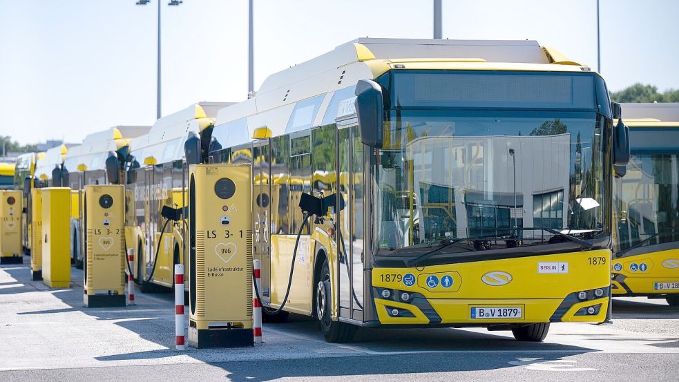 Die Berliner Verkehrsbetriebe (BVG) wollen ihre E-Busflotte von derzeit 227 Fahrzeugen in den nächsten drei Jahren nahezu verdoppeln. (Archivbild) Foto: Monika Skolimowska/dpa