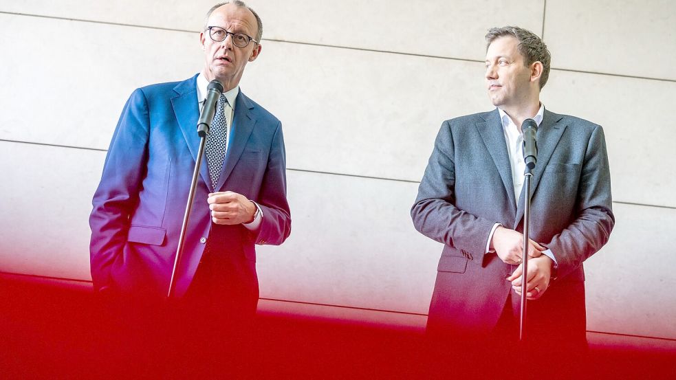 Unter maximalem Erfolgsdruck: CDU-Chef Friedrich Merz und SPD-Chef Lars Klingbeil. Daraus kann doch noch etwas werden. Foto: dpa/Michael Kappeler