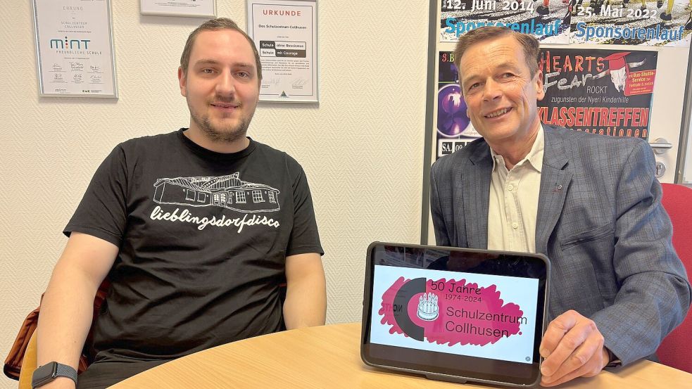 Rainer Bruns (rechts), Schulleiter des Schulzentrums Collhusen, und Tim Kerkhoff, Inhaber der Diskothek Limit im Gewerbegebiet Ihrhove-Nord, laden für den 17. Mai zu einer Ehemaligen-Party in die Disco ein. Foto: Ammermann