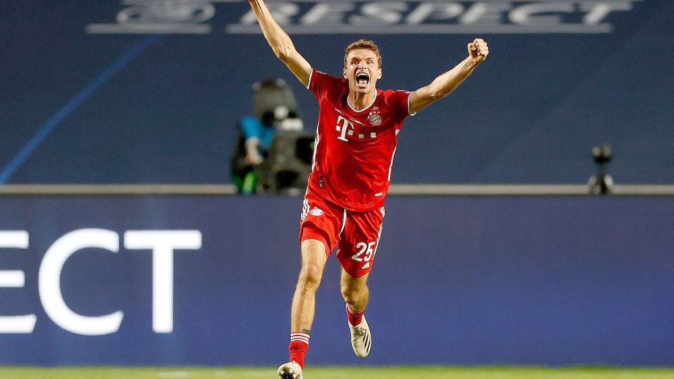 Jubelbilder von Thomas Müller wie hier nach dem Champions-League-Gewinn 2020 prägten seine Bayern-Karriere. Foto: Matthew Childs/Pool Reuters/AP/dpa