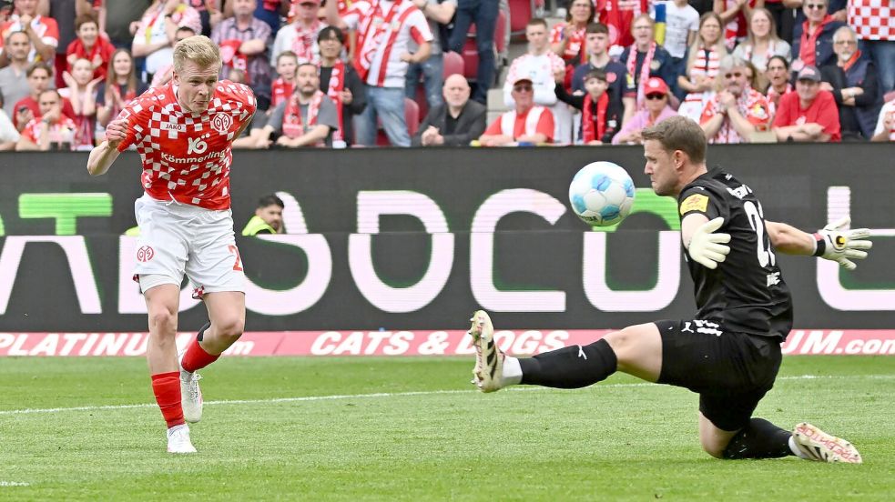 Verpasste die Führung für Mainz: Nationalspieler Jonathan Burkardt. Foto: Torsten Silz/dpa