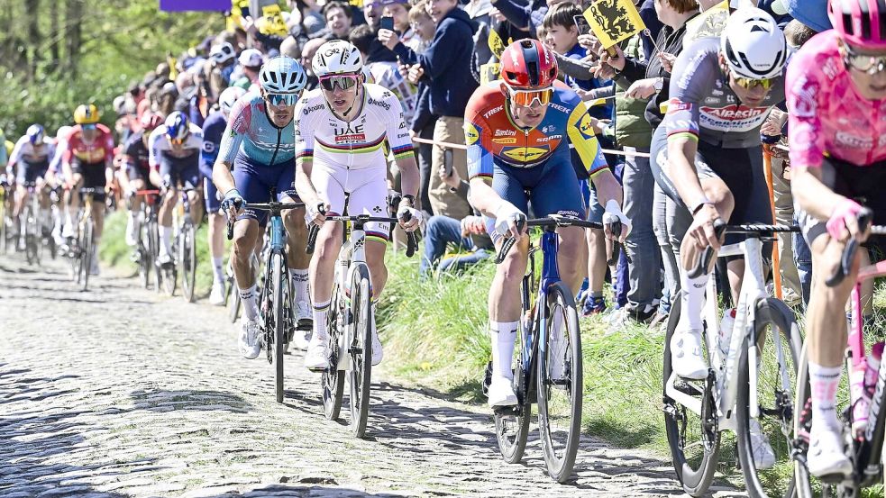 Der Slowene Tadej Pogacar (4.v.r) bei der Flandern-Rundfahrt. Foto: Dirk Waem/Belga/dpa