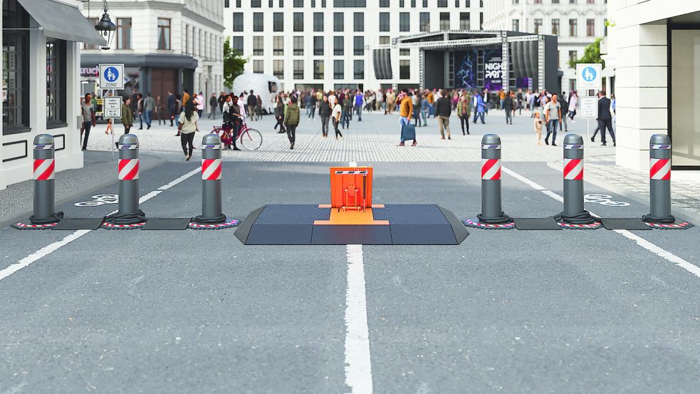 So könnten die mobilen Sperren aussehen, die demnächst die großen Feste in der Auricher Innenstadt absichern sollen. Grafik: Hörmann