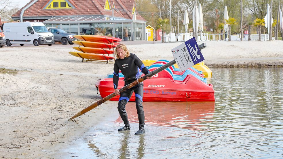 Schilder, die den Badebereich markieren, wurden aufgestellt. Foto: Romuald Banik