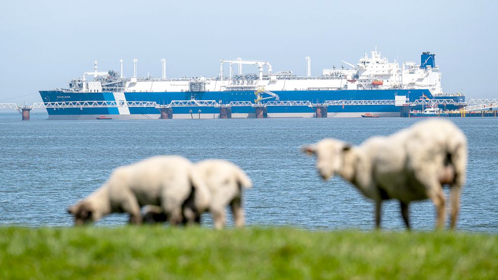 Das Spezialschiff „Excelsior“ kommt am Montag am neu gebauten Anleger in der Jade nördlich des Tiefwasserhafens Jade-Weser-Port an. Das Schiff, auf dem verflüssigtes Erdgas nach Schiffstransporten wieder in den gasförmigen Zustand umgewandelt wird, soll nun unter hohen Sicherheitsauflagen einen mehrwöchigen Testbetrieb beginnen. Foto: Sina Schuldt/dpa