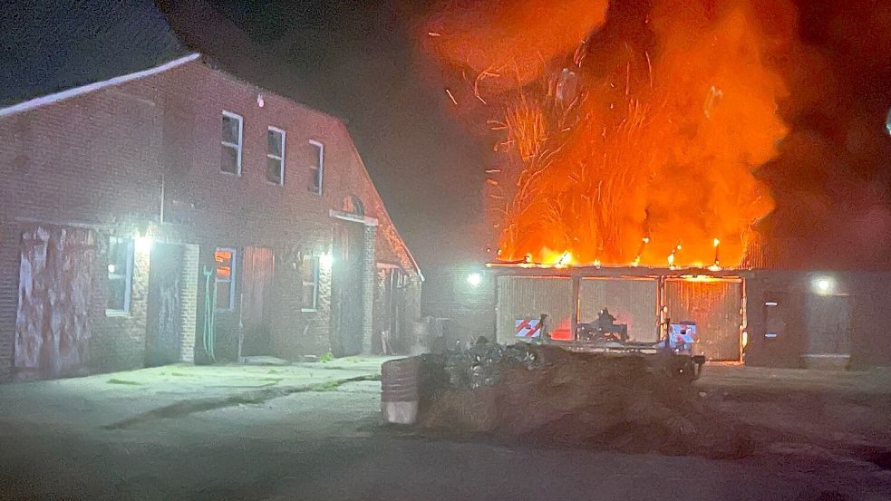Als die Feuerwehr auf dem Hof eintraf, schlugen meterhohe Flammen aus dem Nebengebäude. Foto: Feuerwehr