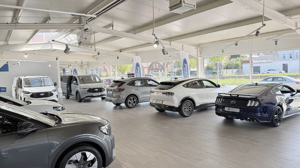 Ford bietet eine umfangreiche Modellvielfalt. Mit dem Mustang (rechts) verfügt die Traditionsmarke auch über einen populären Sportwagen im Retro-Look. Links daneben ist ein elektrifizierter Mustang e-Mach zu sehen.