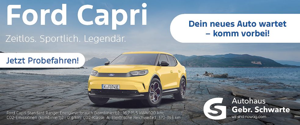 Ein großer Name: Im Gegensatz zu seinem Urahn besticht der neue Ford Capri durch seinen effektiven Elektroantrieb. Auch der Viertürer steht im Showroom des Ford-Autohauses Schwarte. Foto: Hersteller