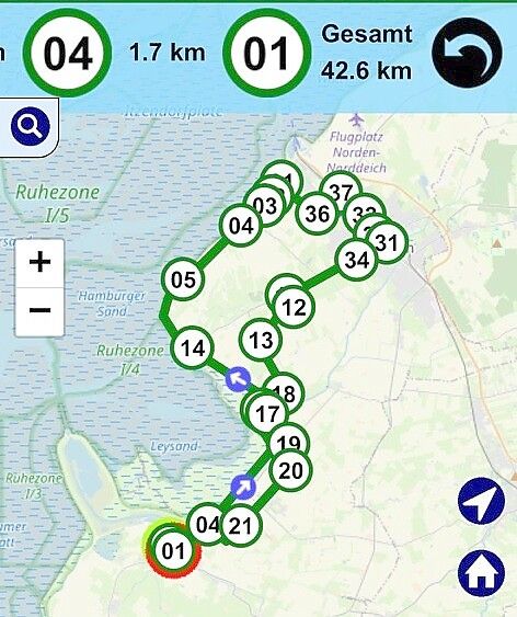 Die Tour von Greetsiel nach Norden. Foto: Screenshot von Fietsknoop-App