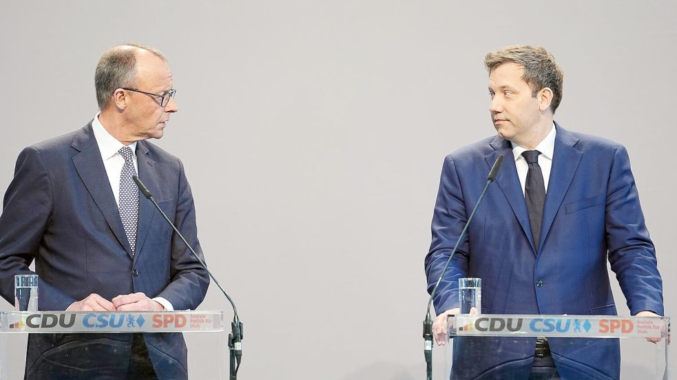 Wollen die deutsche Wirtschaft wieder in Schwung bringen: Der wahrscheinlich nächste Kanzler, Friedrich Merz (CDU), und SPD-Chef Lars Klingbeil. (Archivbild) Foto: Kay Nietfeld/dpa