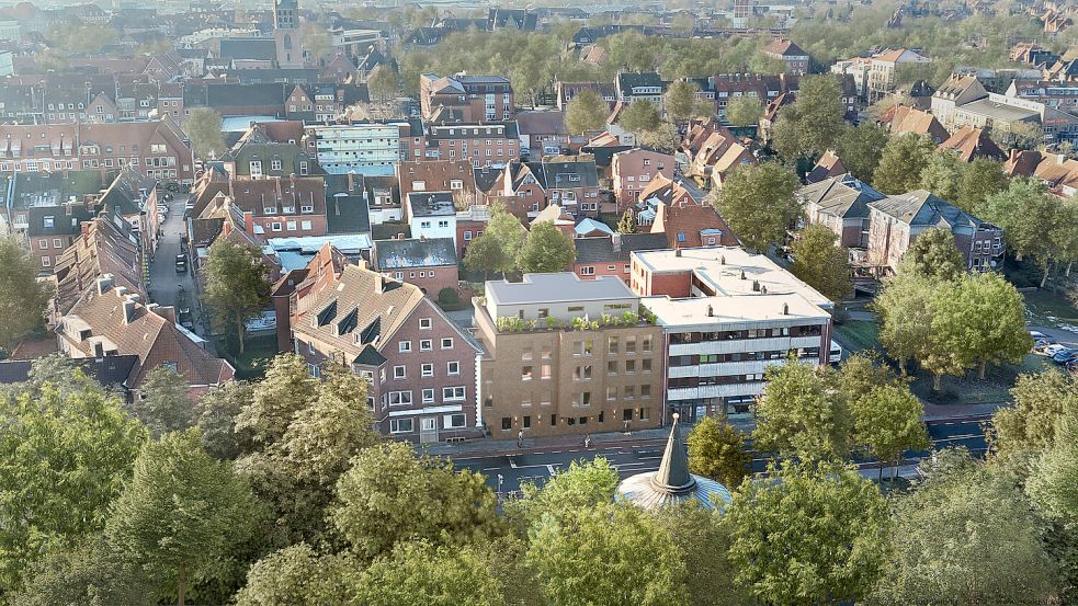 So soll es bald aussehen: der Neubau aus der Luft. Fotomontage: PL-Living