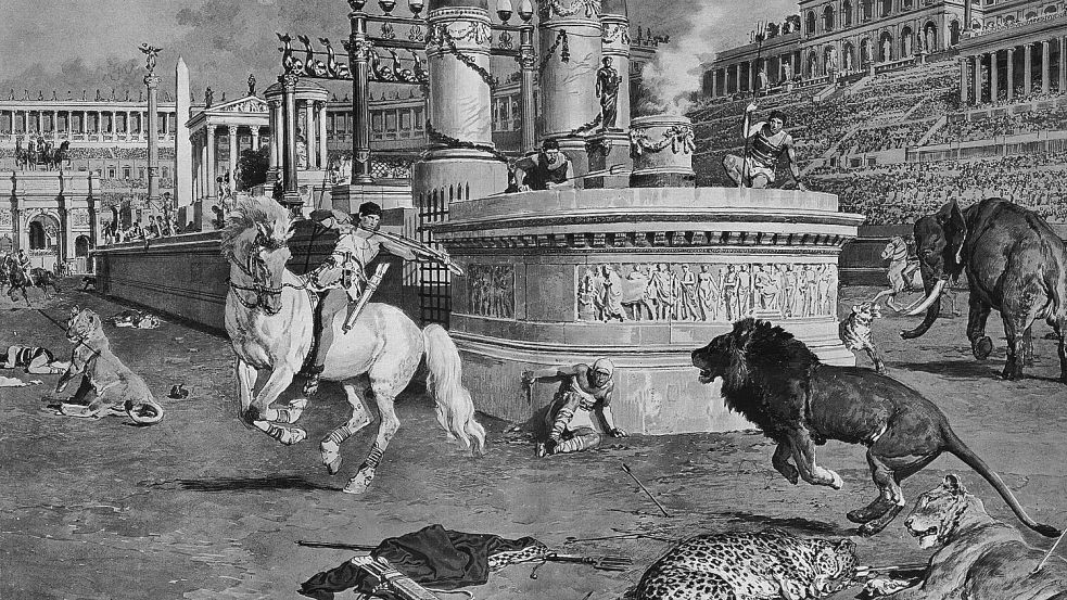 Während in Rom im Circus Maximus Tausende von Zuschauern solche Kämpfe zwischen Gladiatoren und Raubtieren bejubelten, belegen die Funde in York nun die Verbreitung dieser grausamen Tradition. Foto: IMAGO/Gemini Collection