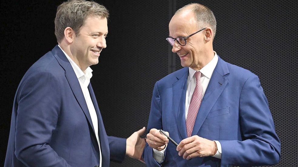Diese beiden sollen an der Spitze des Kabinetts stehen: Lars Klingbeil (SPD) als Vizekanzler, Friedrich Merz (CDU) als Bundeskanzler. Foto: Bernd von Jutrczenka/dpa