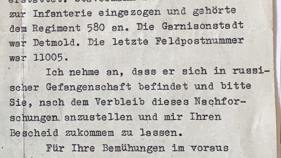 Hoffnung auf Gefangenschaft: Auszug aus dem Schreiben Thörners an den Türkischen Halbmond vom Mai 1943. Foto: Maik Nolte