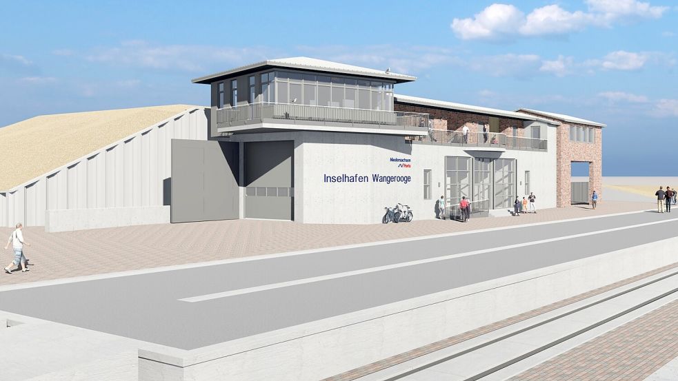 So soll das neue Hafenbetriebsgebäude auf Wangerooge aussehen. Grafik: NPorts