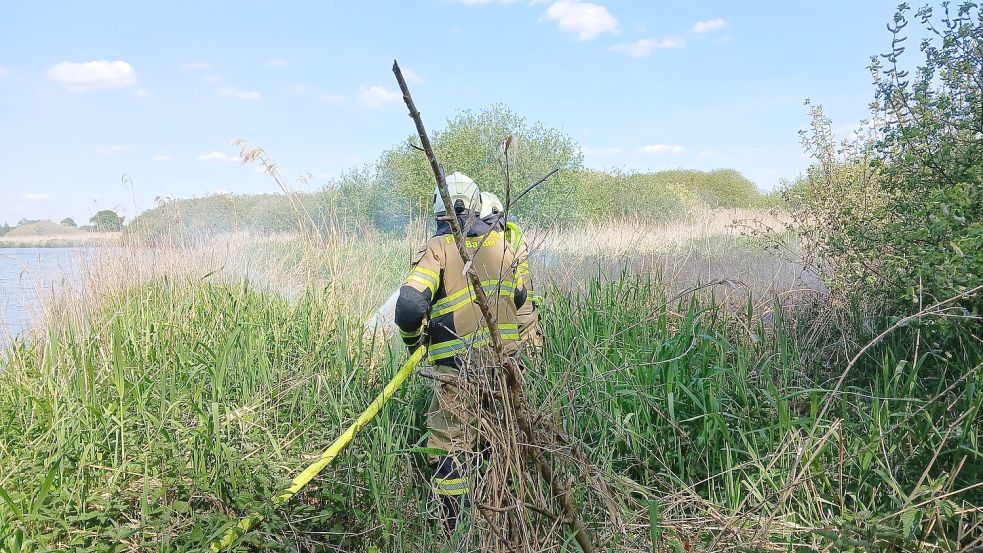 Im Deichvorland an der Soeste löschte die Feuerwehr Barßel einen Flächenbrand. Foto: Joachim Schulte/Feuerwehr Barßel