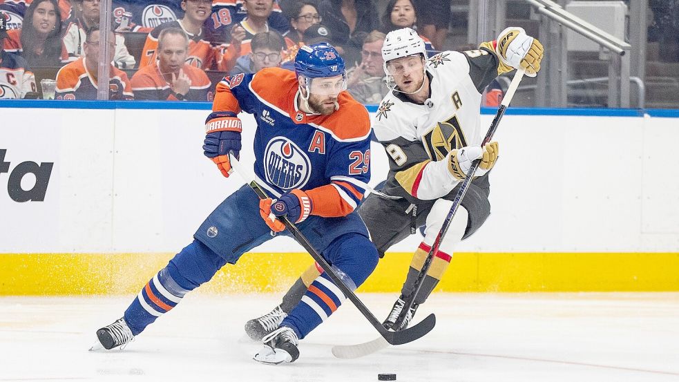 Blieb zum erst zweiten Mal in den Playoffs dieser Saison ohne Torbeteiligung: Leon Draisaitl (l). Foto: Jason Franson/The Canadian Press via AP/dpa