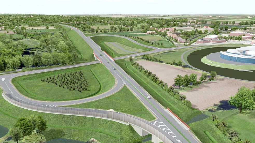 So soll die B 210 n mit der Anbindung an die Dornumer Straße (L 7) in Sandhorst aussehen. Rechts ist das Energie-Erlebnis-Zentrum (EEZ) zu sehen.Grafik: Landesstraßenbaubehörde