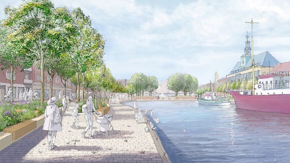 So könnte die Delftpromenade nach dem geplanten Umbau aussehen. Grafik: Stadt Emden