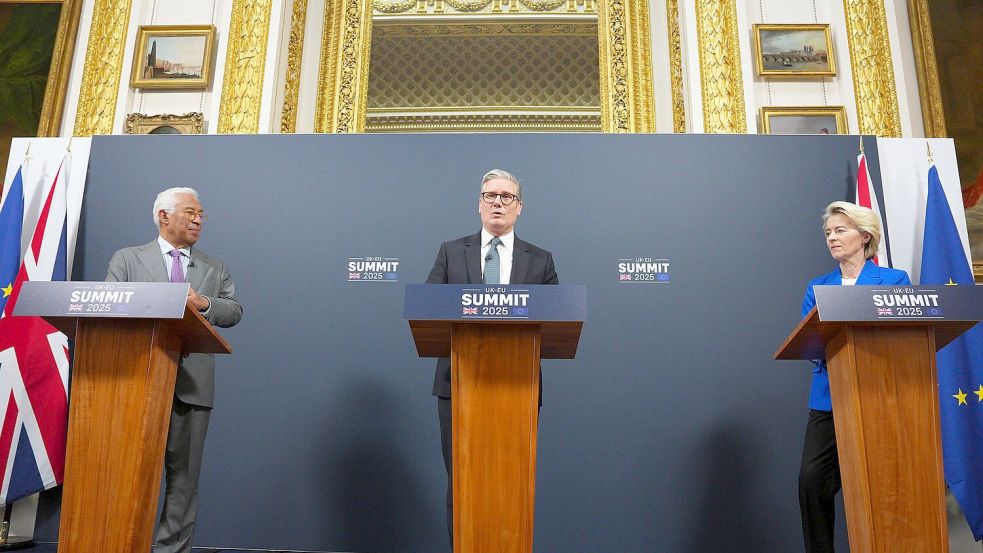 Die EU-Spitze und der britische Premierminister Starmer präsentierten die Einigung höchst zuversichtlich. Foto: Carl Court/Getty Images Europe Pool/AP/dpa