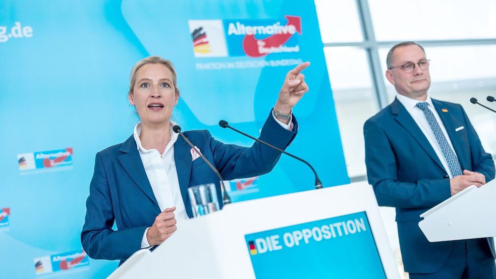 Keine Ausschuss-Vorsitzenden für die AfD: Fraktionschefin Alice Weidel und Tino Chrupalla protestieren. Foto: Michael Kappeler