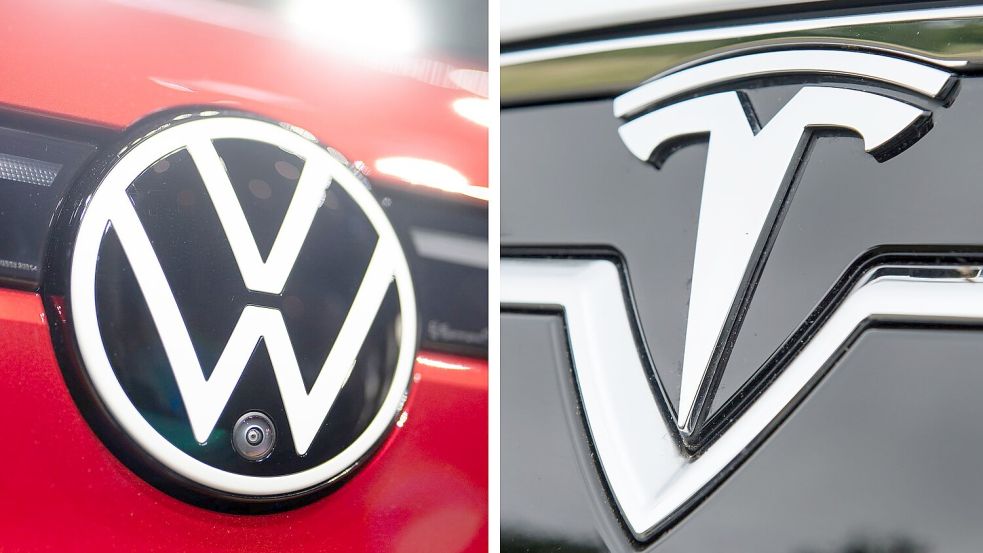 VW verdoppelt E-Auto-Auslieferungen, Tesla halbiert sie. Foto: Ronald Bonß;Patrick Seeger/dpa