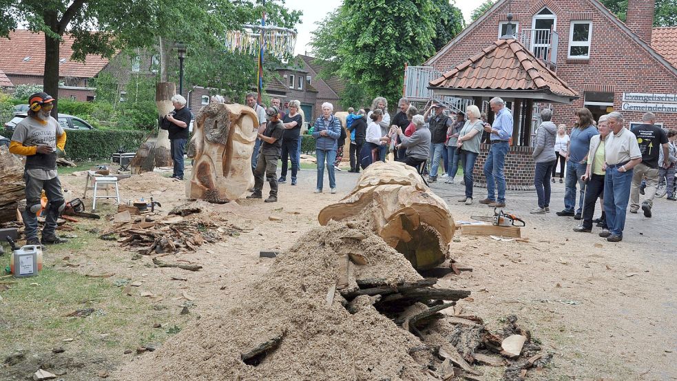 Zum Holzbildhauersymposium fliegen alle drei Jahre ordentlich die Späne in der Horster Dorfmitte. In nur zehn Tagen wird aus dicken Eichenstämmen robuste Kunst, die unter freiem Himmel ausgestellt wird. Foto: Archiv/Susanne Ullrich