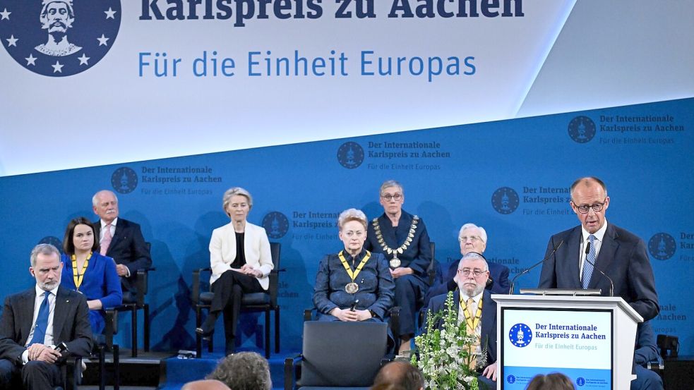 Merz ist überzeugt: Europa muss stark genug sein, um seinen Frieden zu sichern. Foto: Federico Gambarini/dpa-Pool/dpa
