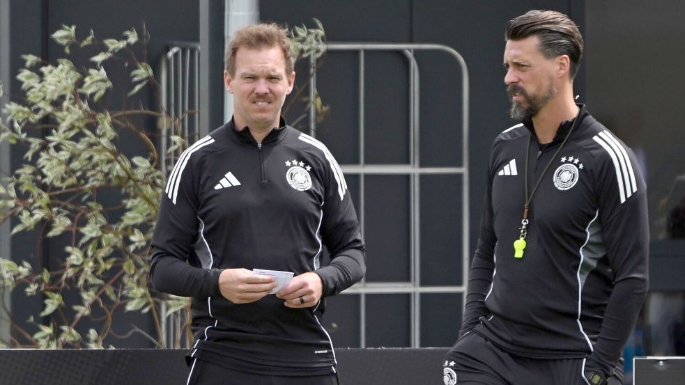 Julian Nagelsmann (l) und Sandro Wagner beim letzten gemeinsamen DFB-Training. Foto: Federico Gambarini/dpa