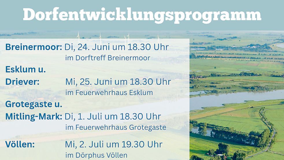 Auf dem Flyer-Ausschnitt kündigt die Gemeinde Westoverledingen die anstehenden Termine zum Dorfentwicklungsprogramm an. Foto: Luftbild: M. Wessels