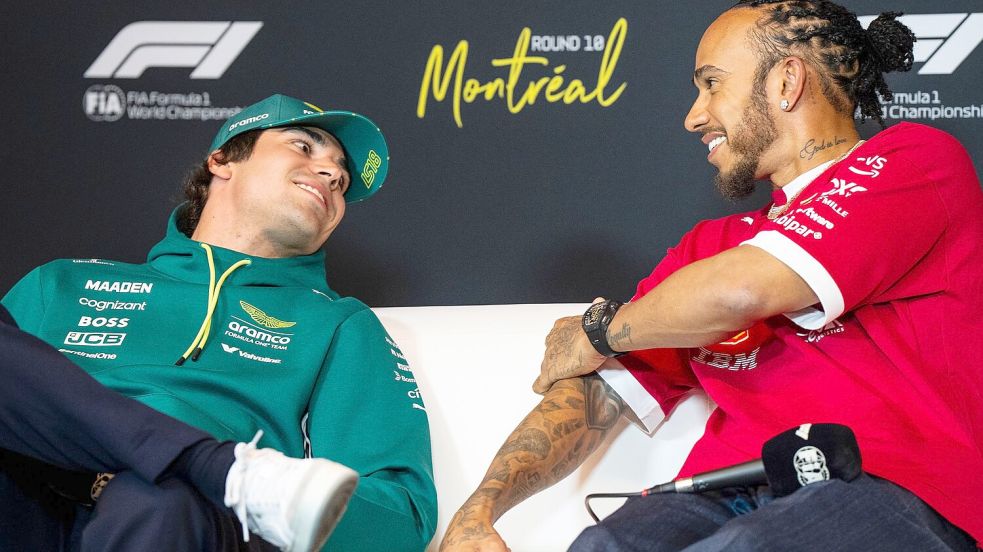 Hamilton (rechts) bei einer Medienrunde im Gespräch mit Lance Stroll. Foto: Christopher Katsarov/The Canadian Press/AP/dpa