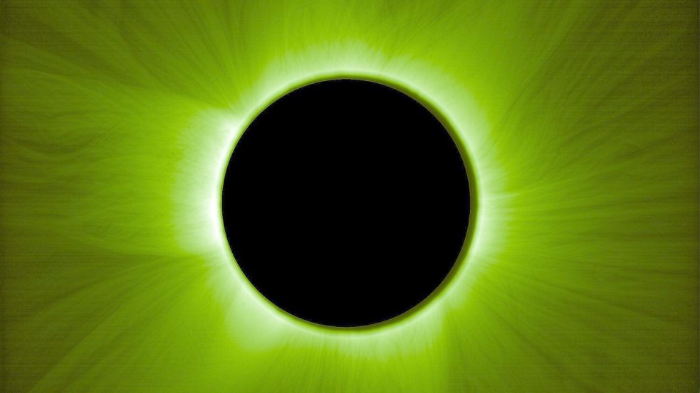 Dieses Bild wurde von einem Satelliten der „Proba-3“-Mission aufgenommen. Es zeigt die innere Sonnenkorona so, wie ein menschliches Auge sie bei einer Sonnenfinsternis durch einen grünen Filter sehen würde. Foto: ESA/Proba-3/ASPIICS//WOW algorithm /dpa
