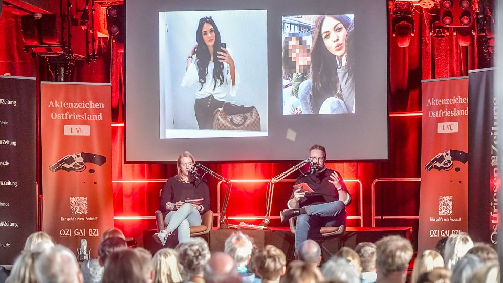 Bei der ersten Live-Aufnahme von „Aktenzeichen Ostfriesland“ zeigten die Journalisten Ute Nobel und Daniel Noglik auch Fotos der verstorbenen Larissa. Foto: Klaus Ortgies