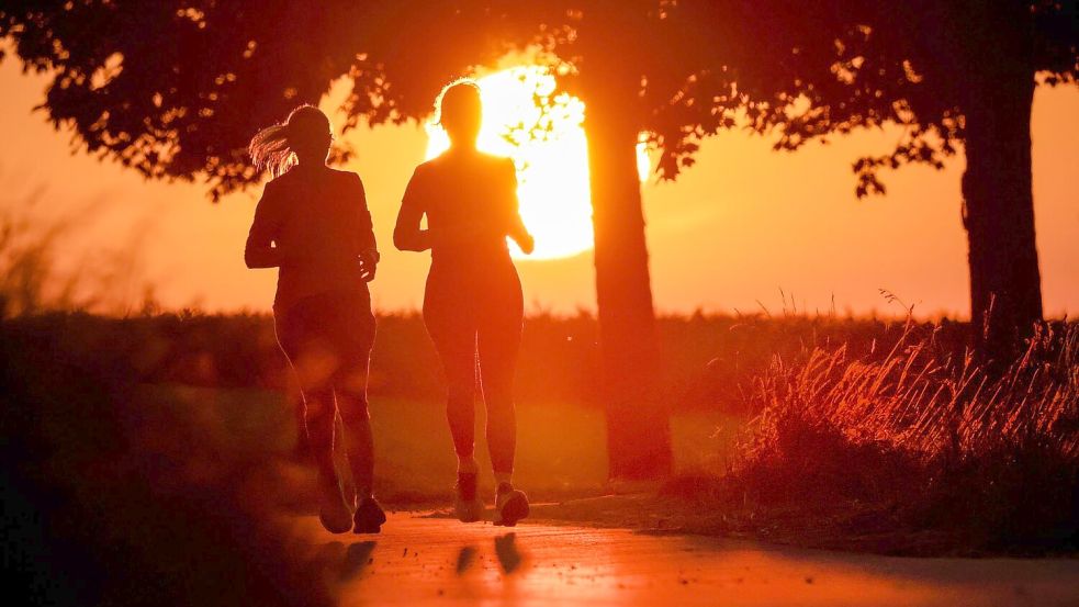 Zwei Frauen joggen am Morgen, während hinter ihnen die Sonne aufgeht. Foto: Thomas Warnack/dpa
